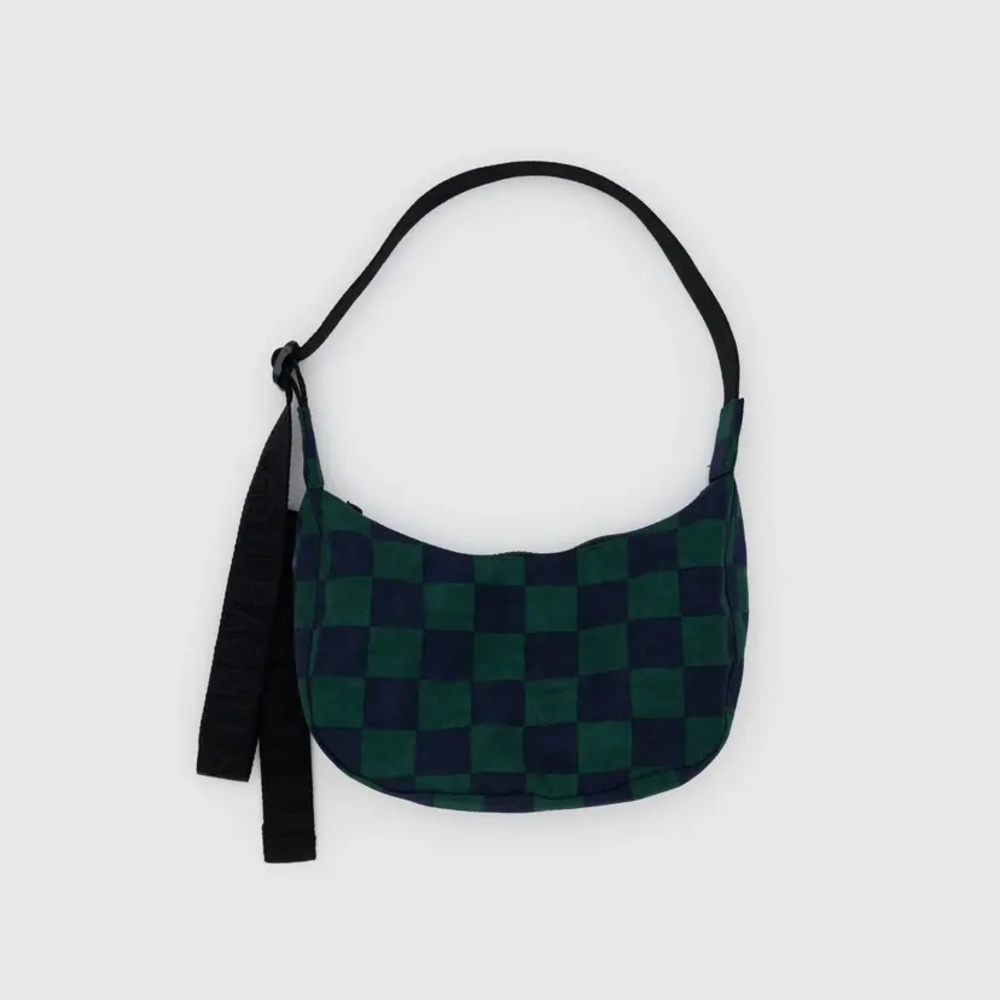 NEW BAGGU Small Nylon Crescent Bag in Navy Green Check